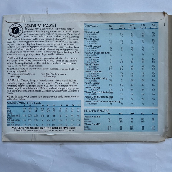 Sewing Step-by-Step Stadium Jacket Pattern Vintage Hood Pockets XS - XL Uncut - Picture 4 of 6